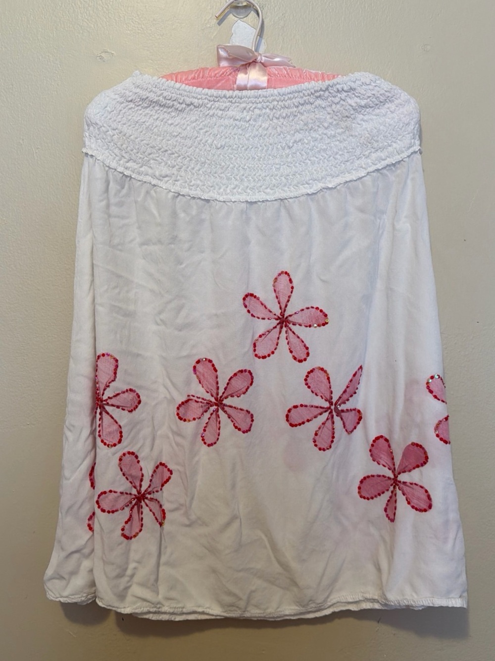 White Floral Embroidered Smocked Waist Skirt